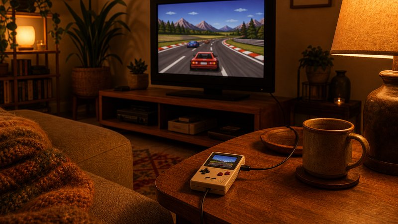 Retro gaming handheld under $100 connected to a TV over HDMI in a living room