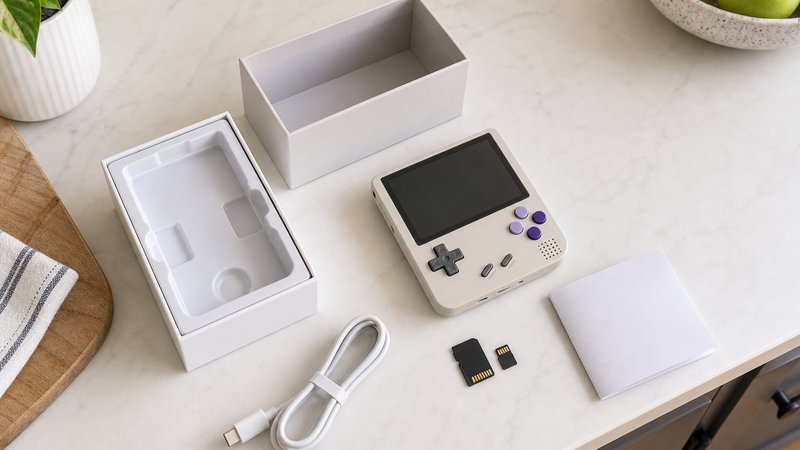 Unboxing spread for a retro gaming handheld under $50 on a kitchen table