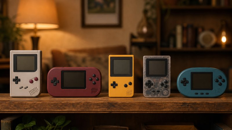 Collection of retro gaming handhelds under $50 lined up on a display shelf