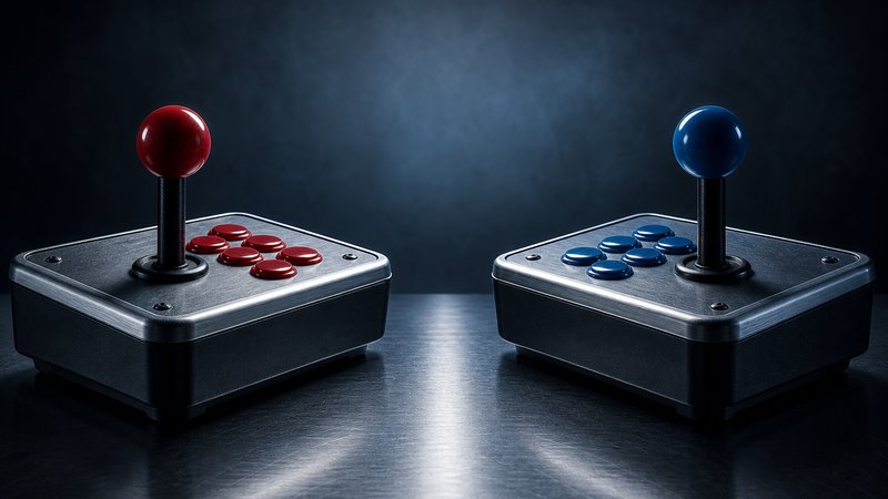Two vintage joysticks facing off on brushed metal for the best and worst Fallout games ranked