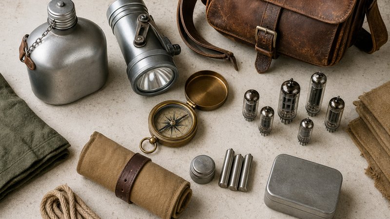 Overhead spread of retro survival gear on a kitchen table for a Fallout games ranked guide