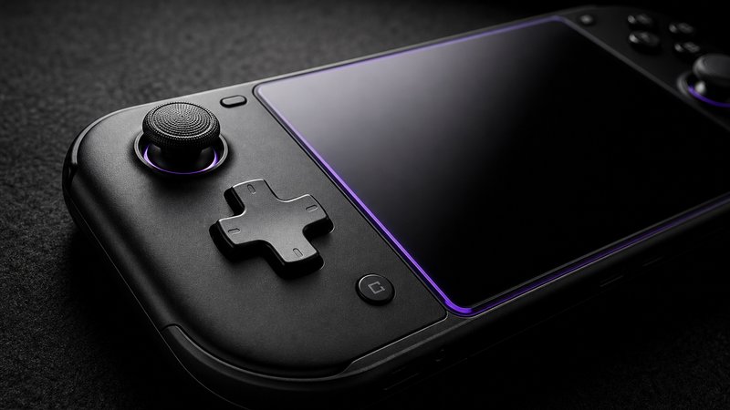 Android retro handheld like the Retroid Pocket 5 in dramatic spotlight on black felt