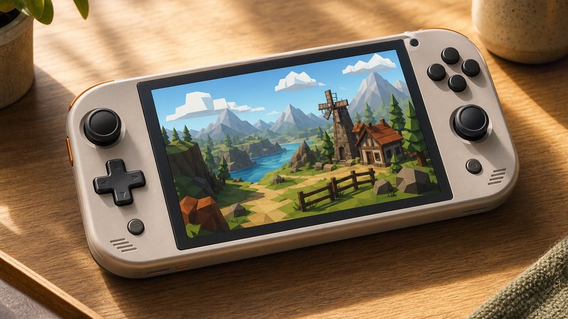 Android handheld for PS1 emulation with upscaling on a sunlit wood desk