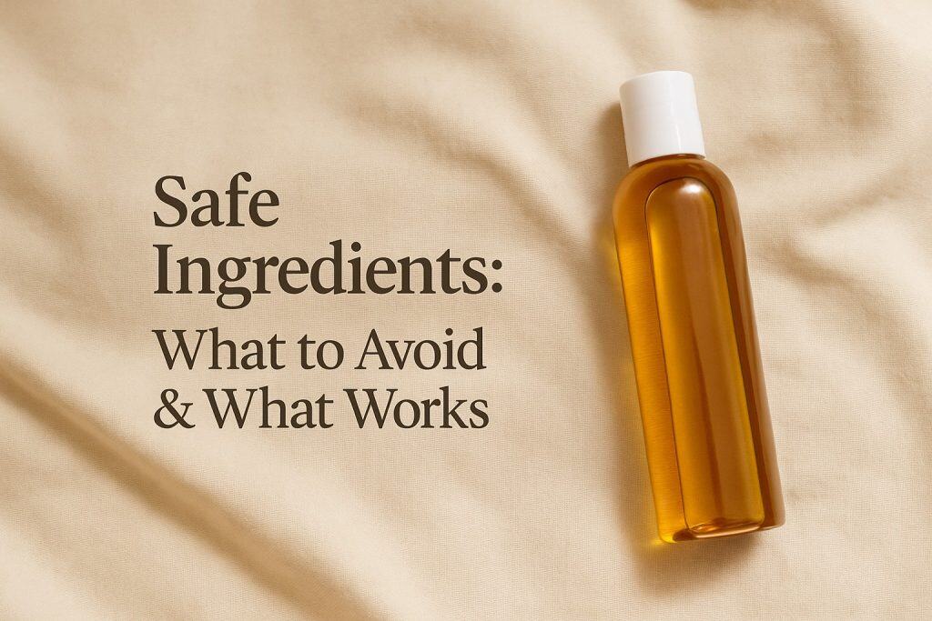 A bottle of amber-colored liquid with a white cap lies on beige fabric next to text that reads Safe Ingredients What to Avoid and What Works highlighting gentle lubricant formulas.