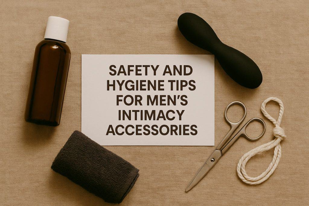 A bottle, towel, black adult toy, scissors, rope, and a card reading Safety and Hygiene Tips for Men's Intimacy Accessories, all thoughtfully arranged on a beige surface.
