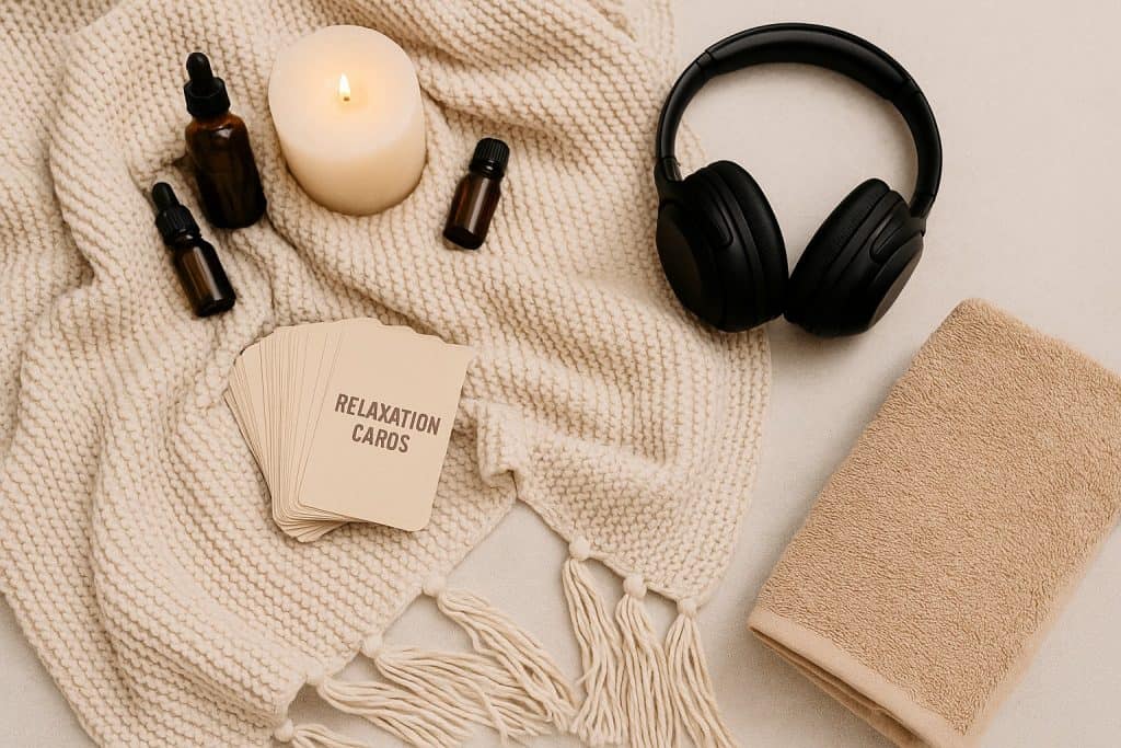 A black headset, brown towel, candle, three dropper bottles, relaxation cards, and a knit blanket - perfect emotional connection tools for couples seeking bonding relaxation practices on a cozy beige surface.