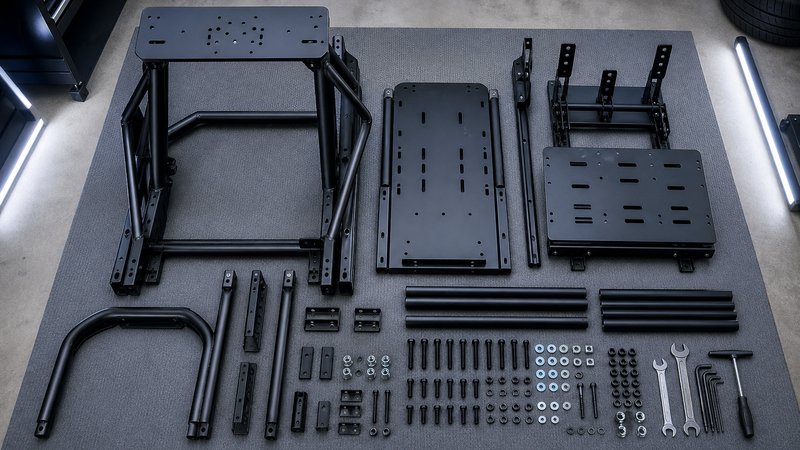 Budget sim racing cockpit parts and pedals spread on a garage mat