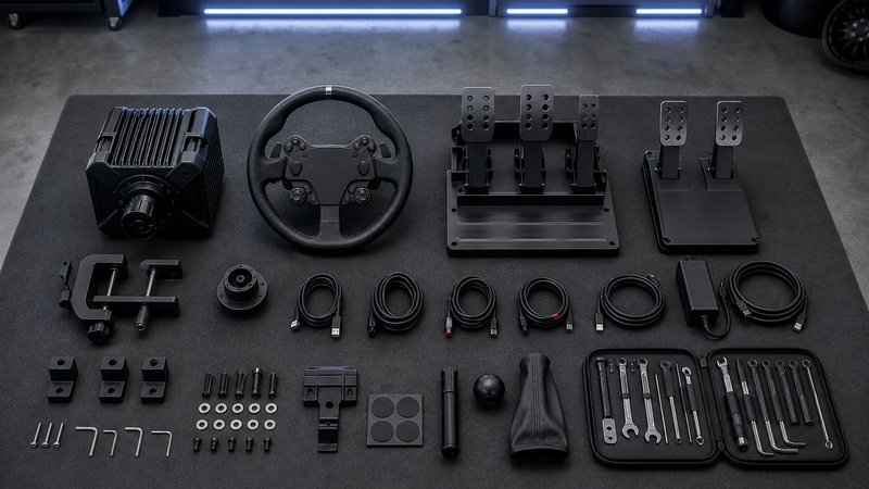 Sim racing wheel and pedal kit spread on a garage mat comparing G29 vs Moza R5 bundle value