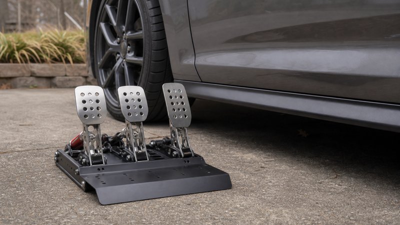 Sim racing pedals under $200 laid out beside a car on an overcast driveway