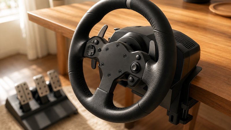 Budget sim racing wheel clamped to a wood desk in soft daylight