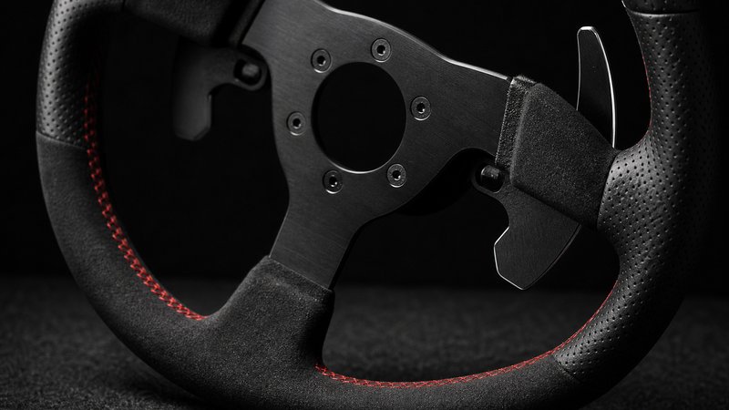 Macro detail of a racing wheel rim, the control hub of beginner sim racing games