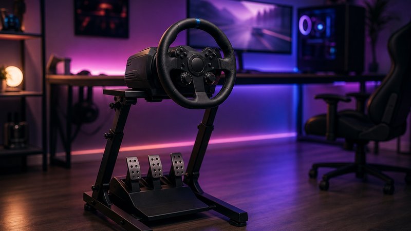 Sim racing wheel stand with wheel mounted in front of an RGB gaming desk