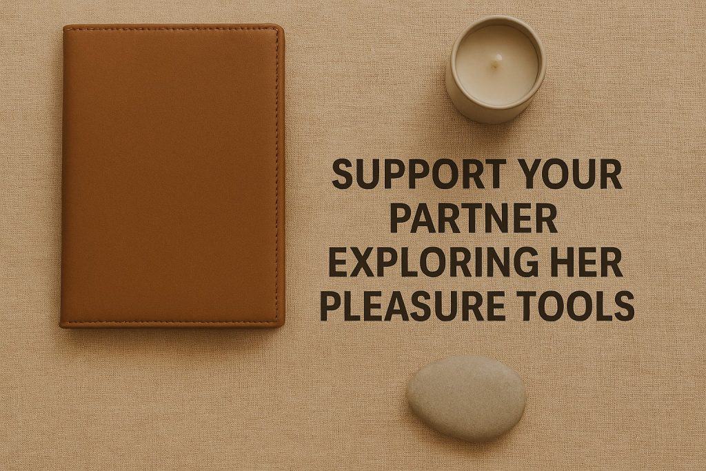 A brown notebook, a beige candle, and a smooth stone are arranged on a tan surface next to the text: Support your partner exploring her pleasure tools for shame-free intimacy for couples.