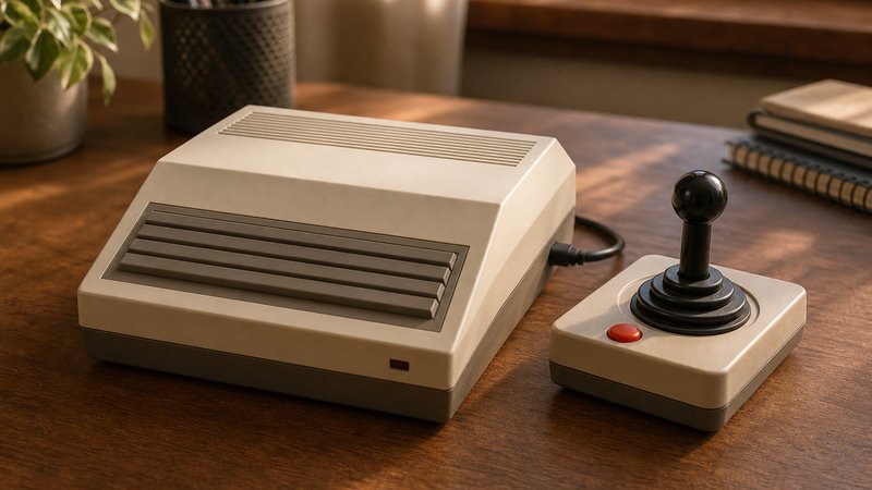 Compact plug-and-play retro console on a wood desk for playing Commodore 64 games today