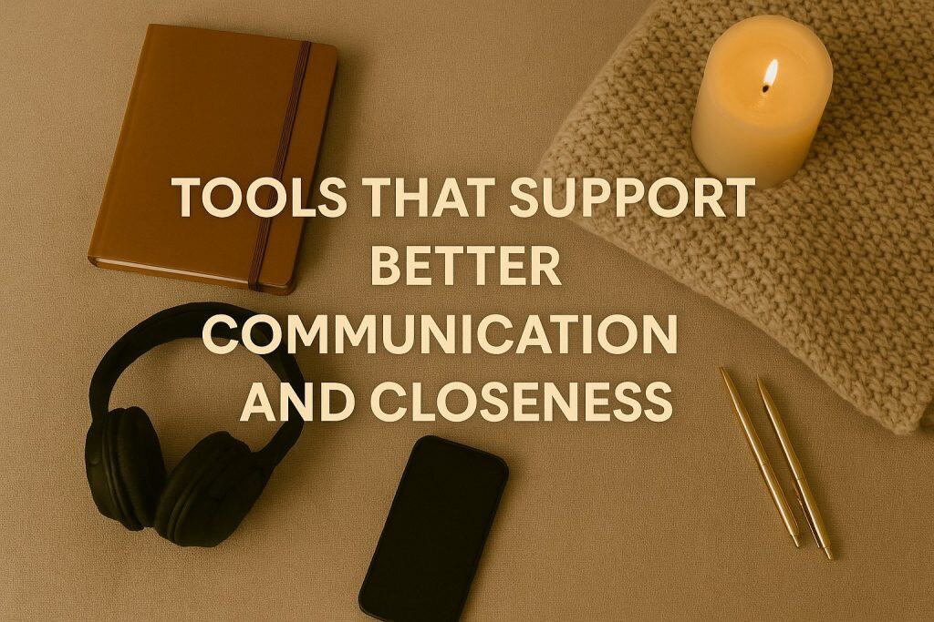 Notebook, candle, knit fabric, headphones, smartphone, and two pens arranged on a beige surface, with the text Tools that support healthy couple communication and closeness overlayed.