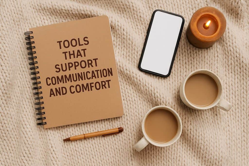 A notebook labeled TOOLS THAT SUPPORT COMMUNICATION AND COMFORT, a pen, two cups of coffee, a lit candle, and a smartphone rest on a beige knit blanket.