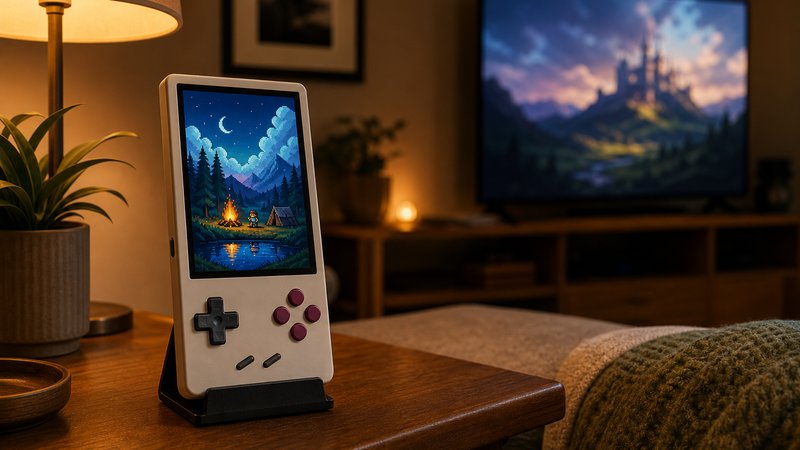 Handheld screen glowing on a couch-side stand, the display half of the Miyoo Mini Plus vs TrimUI Brick matchup