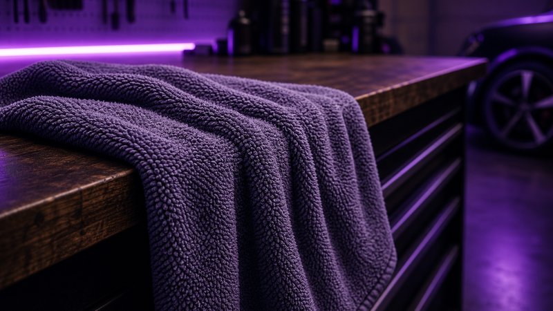 Twisted loop drying microfiber towel for car detailing draped over a workbench edge