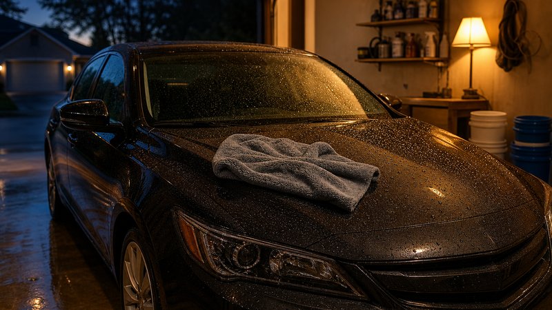Drying a car panel with a plush microfiber towel after a two bucket method wash in a lamp-lit garage