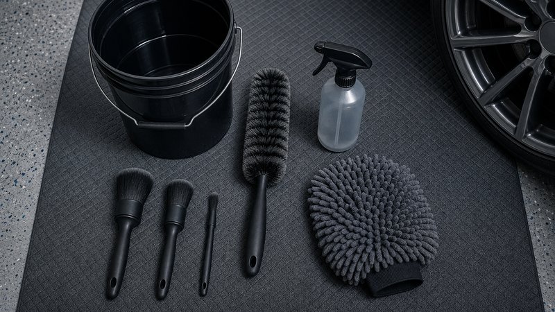 Wheel bucket, brushes, and cleaner for the two bucket car wash method spread on a garage mat