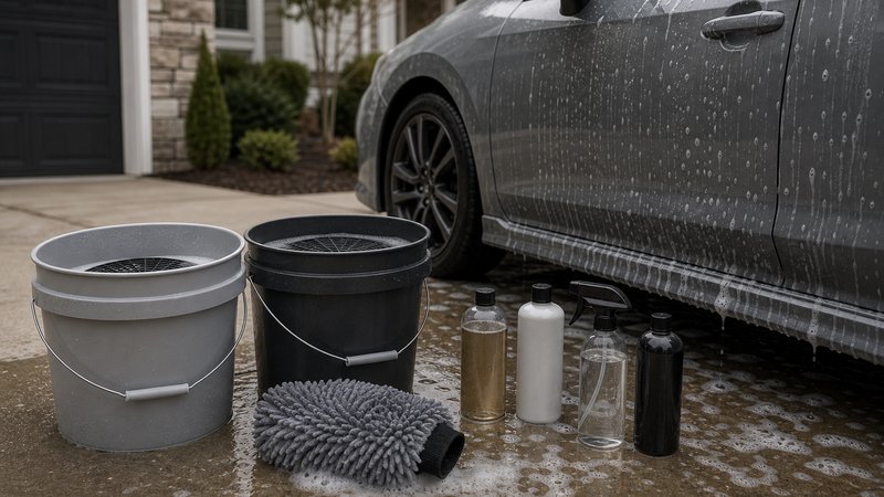 Two-bucket wash setup from a car detailing kit for beginners beside a car in a driveway