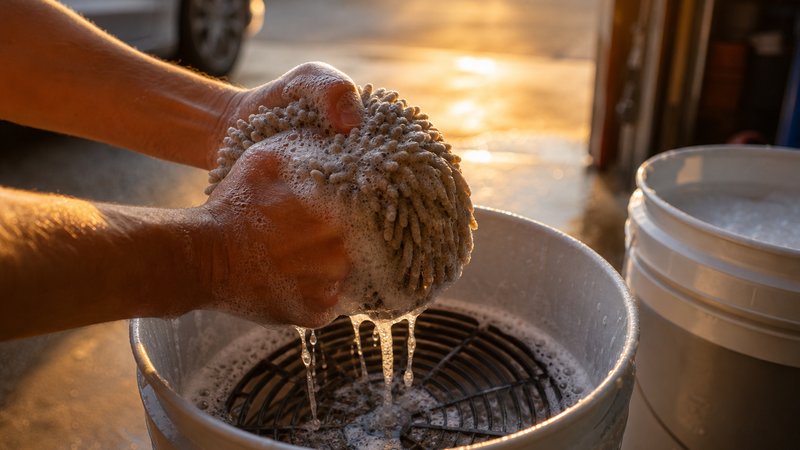 Hands wringing a wash mitt over the rinse bucket during a two bucket wash method cleaning