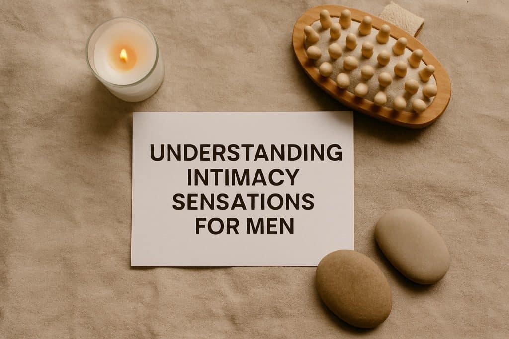 A card reading Understanding Intimacy Sensations for Men rests on fabric, accompanied by a lit candle, massage brush, and two smooth stones - inviting solo exploration and understanding stimulation for men.