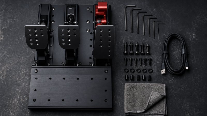 Used sim racing pedals and parts for a budget sim racing setup on a dark workbench