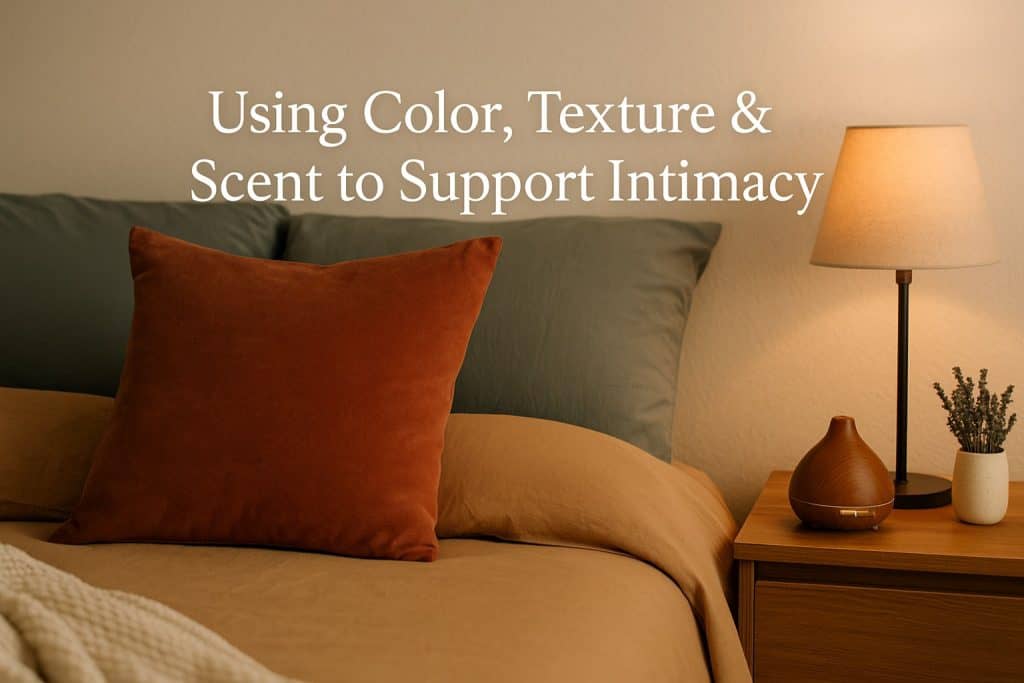 A neatly made bed with earth-toned bedding, a rust-colored pillow, a bedside lamp, a diffuser, and a small vase of lavender; text reads, 