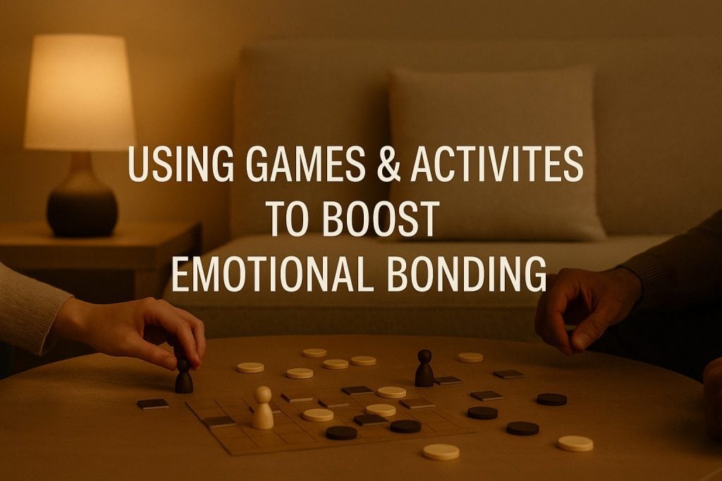 Two people play a board game on a round table in a cozy living room. The text reads: Using couples bonding games to boost emotional bonding.