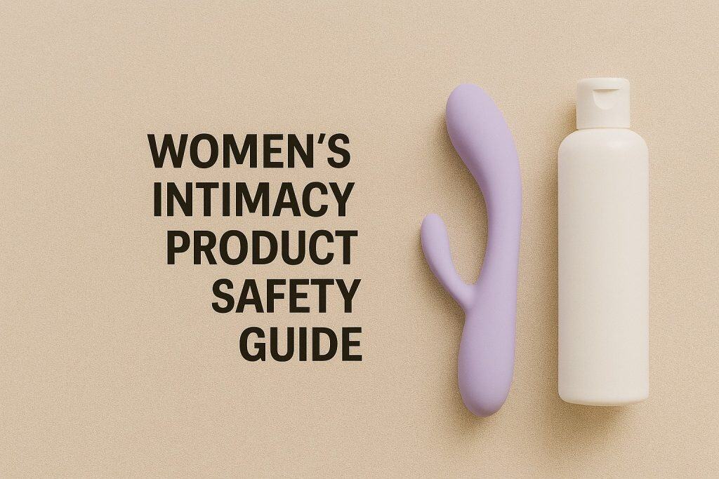 Text reading Women's Intimacy Product Safety Guide beside a purple silicone vibrator and a white bottle on a beige background, highlighting women's wellness tools and safe intimacy practices.