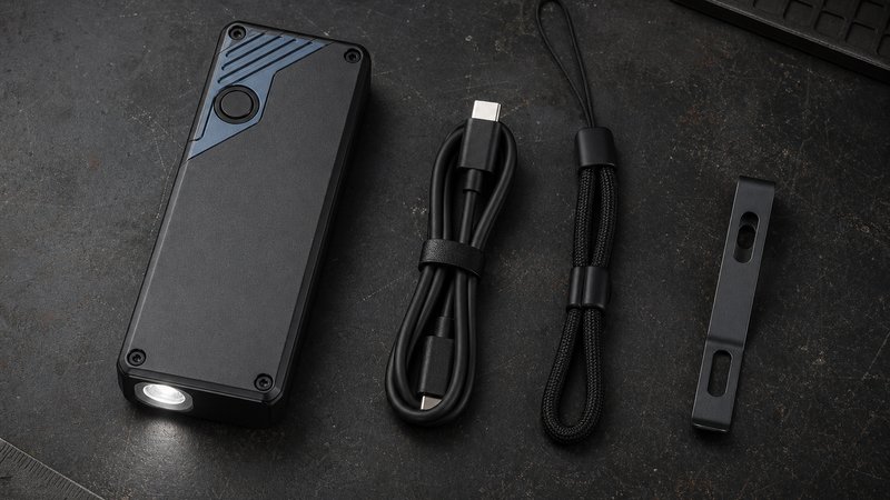 Wuben X4 flat EDC flashlight under $50 with accessories on a dark workbench